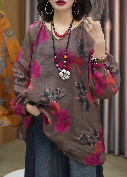 Casual Brown Print T Shirts Long Sleeve GH1011 Ada Fashion