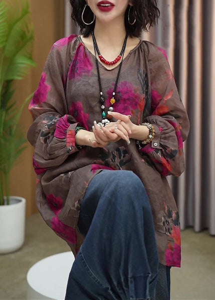 Casual Brown Print T Shirts Long Sleeve GH1011 Ada Fashion