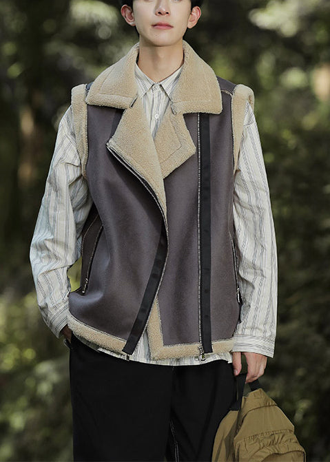 Casual Brown Zippered Warm Fleece Faux Suede Men Vests Spring TK017