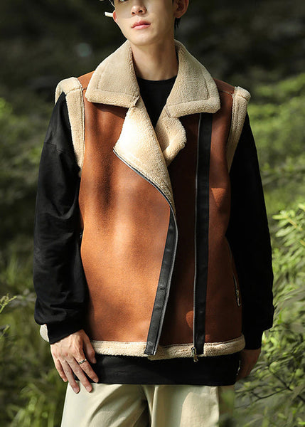 Casual Brown Zippered Warm Fleece Faux Suede Men Vests Spring TK017