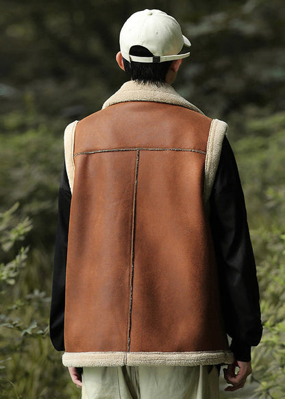 Casual Brown Zippered Warm Fleece Faux Suede Men Vests Spring TK017