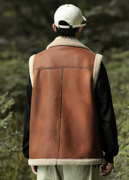 Casual Brown Zippered Warm Fleece Faux Suede Men Vests Spring TK017