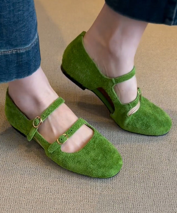 Suede Feet Green Buckle Casual Shoes Splicing Flat Strap FashionChic