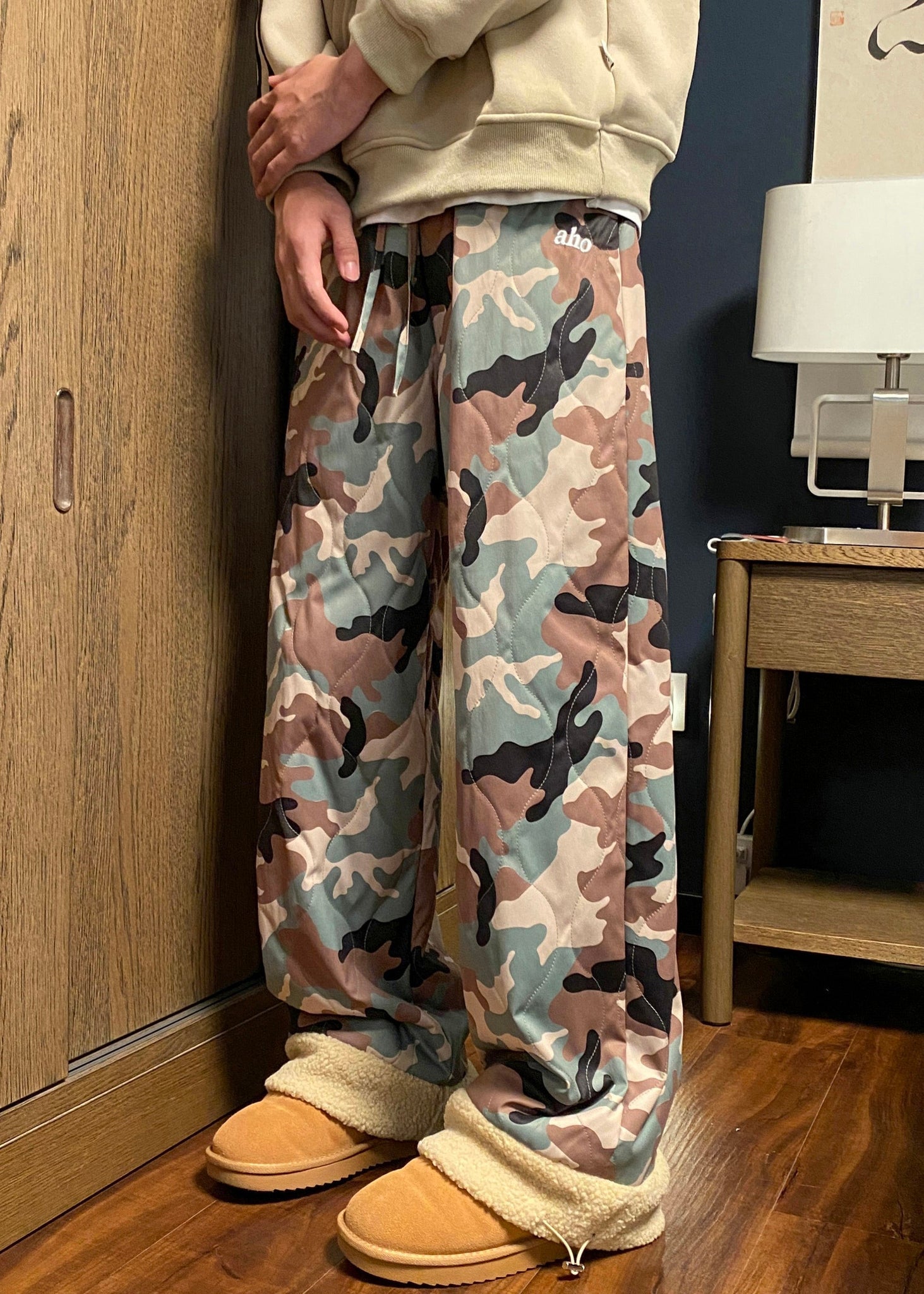 Casual Camouflage Elastic Waist Patchwork Warm Fleece Men Pants Winter RM038 ABC