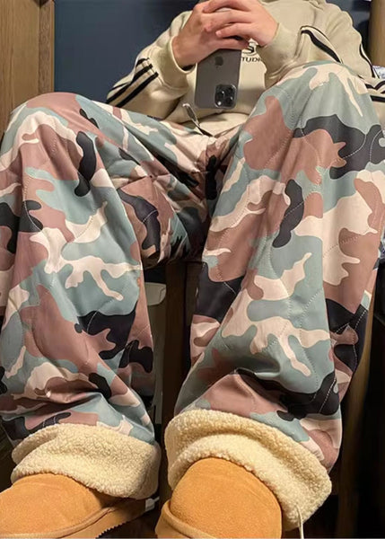 Casual Camouflage Elastic Waist Patchwork Warm Fleece Men Pants Winter RM038 ABC