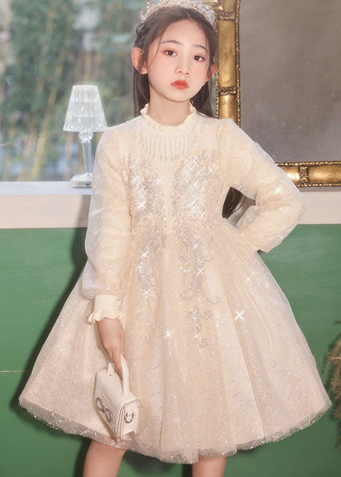 Casual Champagne Stand Collar Nail Bead Tulle Kids Long Dress Fall QV020 WS-JRTZFDGL241026