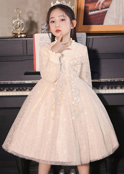 Casual Champagne Stand Collar Nail Bead Tulle Kids Long Dress Fall QV020 WS-JRTZFDGL241026