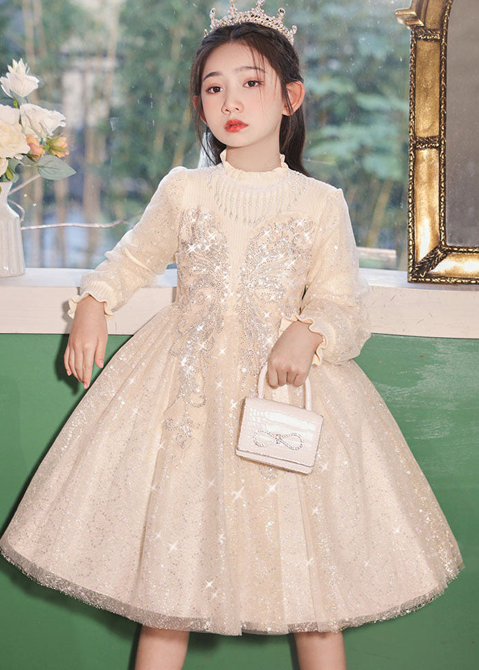 Casual Champagne Stand Collar Nail Bead Tulle Kids Long Dress Fall QV020 WS-JRTZFDGL241026