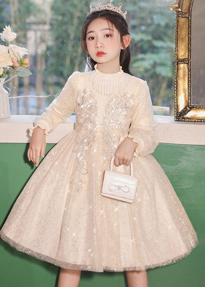 Casual Champagne Stand Collar Nail Bead Tulle Kids Long Dress Fall QV020 WS-JRTZFDGL241026