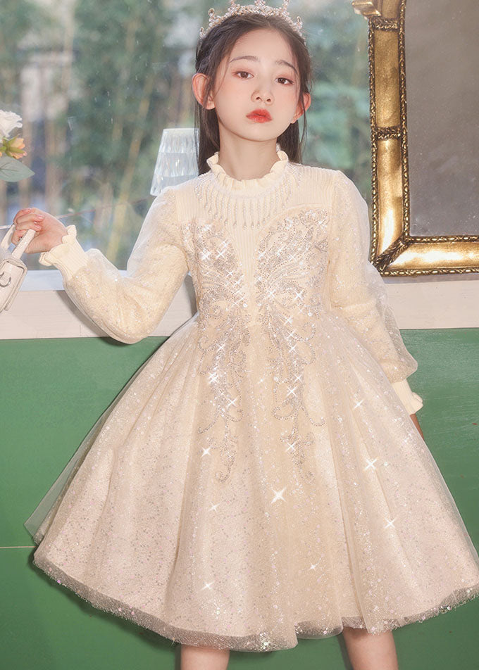 Casual Champagne Stand Collar Nail Bead Tulle Kids Long Dress Fall QV020 WS-JRTZFDGL241026