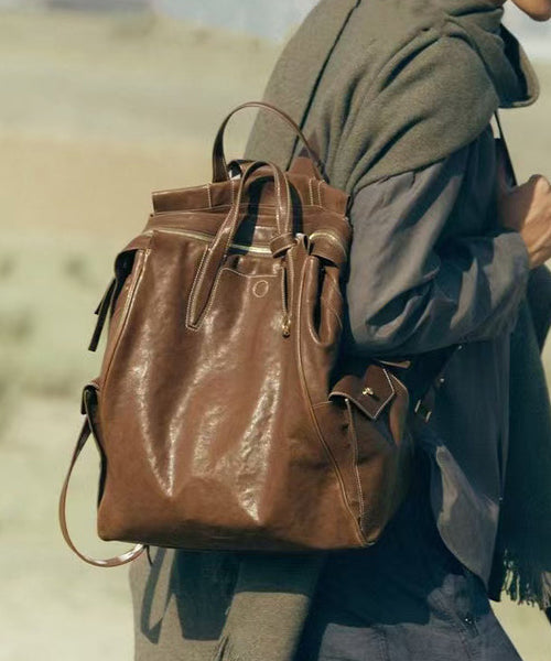 Oversize Casual Leather Solid Bag Backpack Chocolate Durable FashionChic