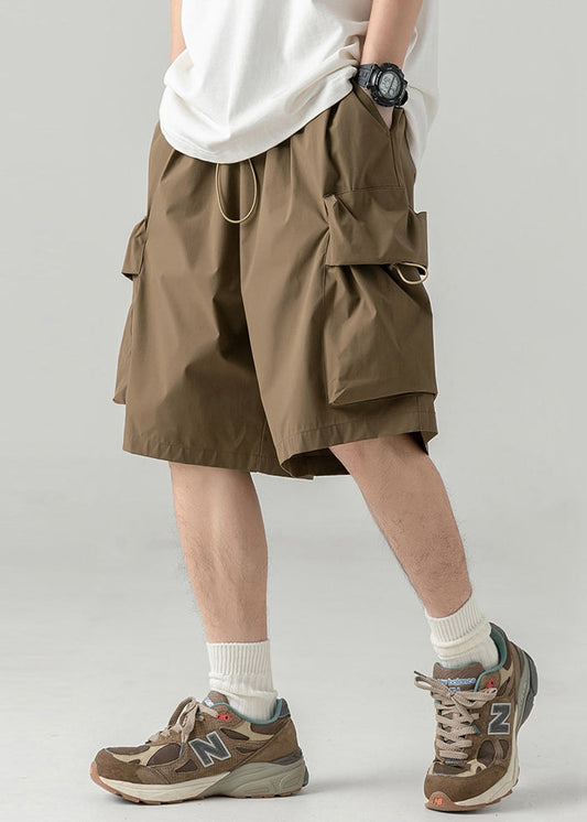 Coffee Cotton Men Pockets Summer Casual Shorts Drawstring FashionChic