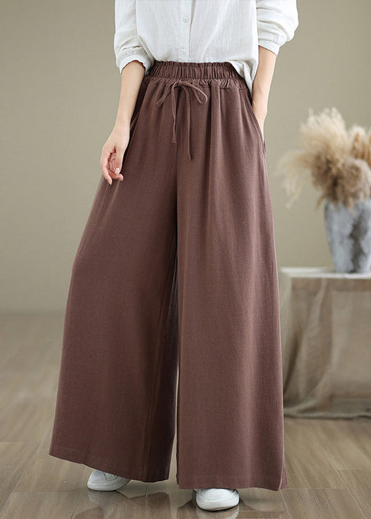 Casual Coffee Pockets Drawstring Cotton Wide Leg Pants Fall QO044 OM-ZS241008