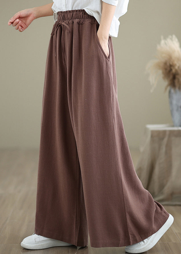 Casual Coffee Pockets Drawstring Cotton Wide Leg Pants Fall QO044 OM-ZS241008