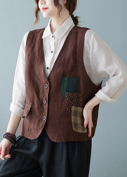 Casual Coffee V Neck Pockets Button Cotton Vest Tops Sleeveless OO010 OM-CS240816