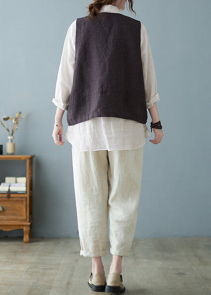 Casual Coffee V Neck Pockets Button Cotton Vest Tops Sleeveless OO010 OM-CS240816