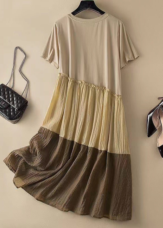Casual Colorblock O Neck Ruffled Patchwork Cotton Dresses Summer QQ1045 Ada Fashion