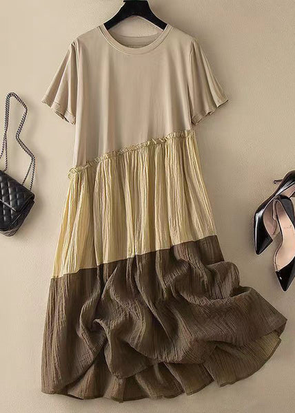 Casual Colorblock O Neck Ruffled Patchwork Cotton Dresses Summer QQ1045 Ada Fashion