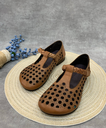 Casual Comfy Coffee Flat Shoes Hollow Out Cowhide Leather RT1019 Ada Fashion