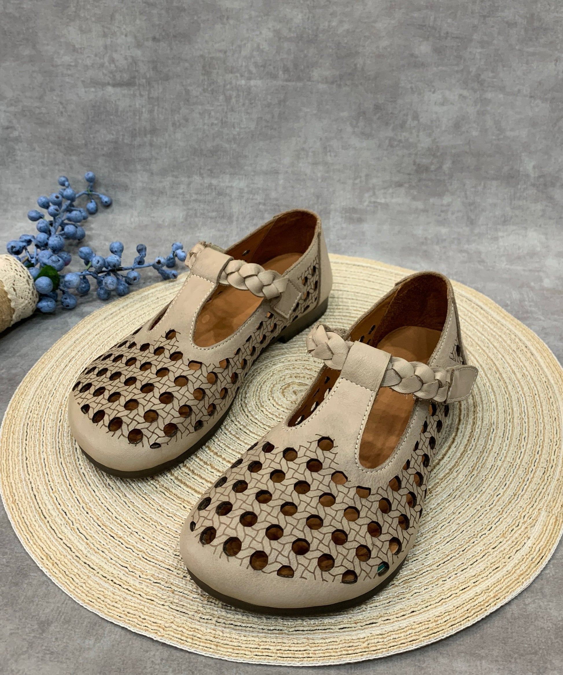 Casual Comfy Coffee Flat Shoes Hollow Out Cowhide Leather RT1019 Ada Fashion