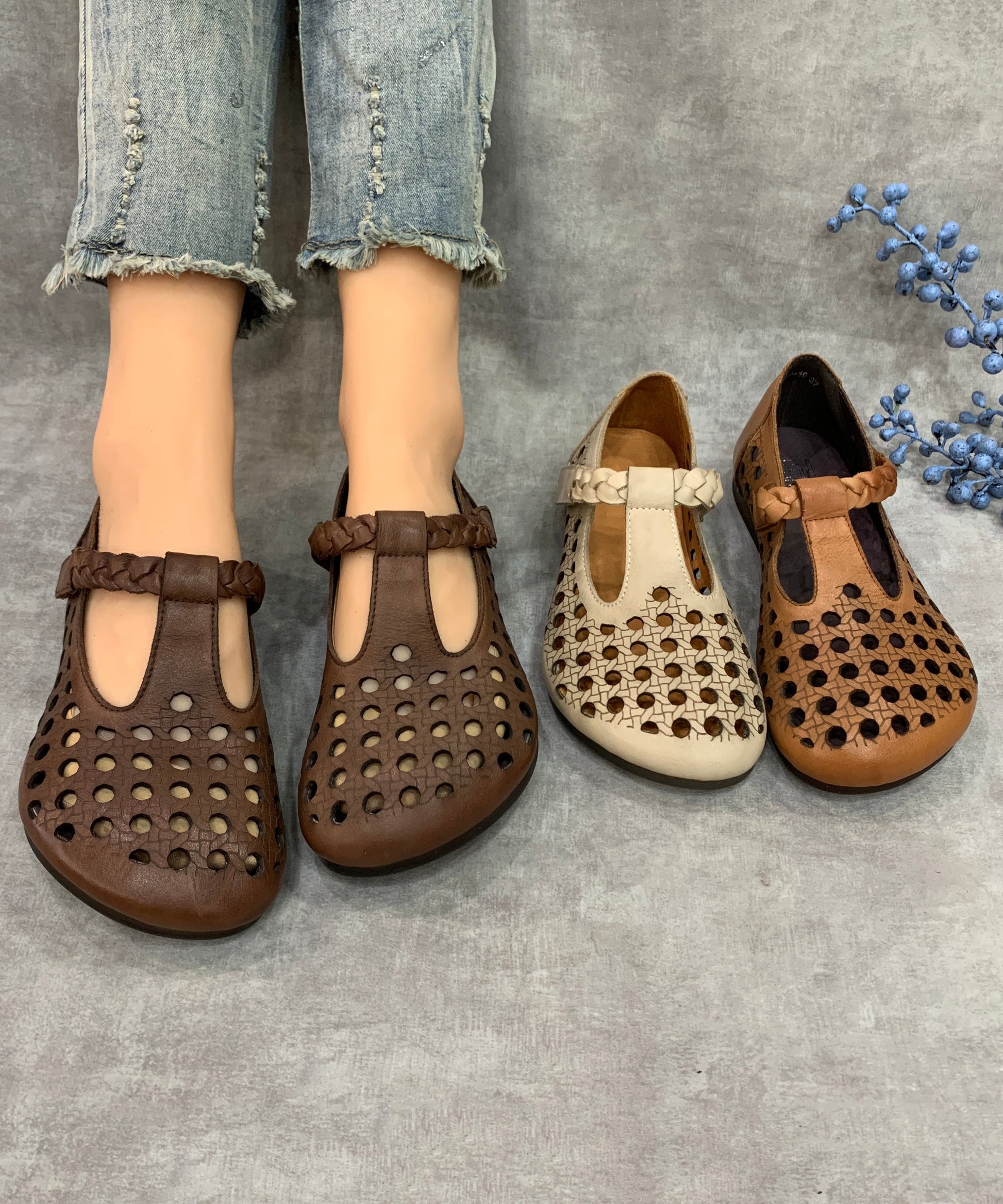 Casual Comfy Coffee Flat Shoes Hollow Out Cowhide Leather RT1019 Ada Fashion