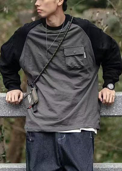 Shirts Dark Patchwork Men Neck O Casual Gray T Cotton Pockets FashionChic