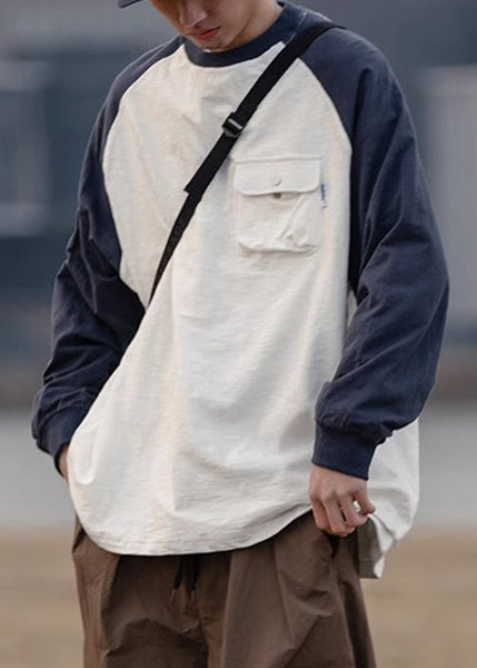 Shirts Dark Patchwork Men Neck O Casual Gray T Cotton Pockets FashionChic