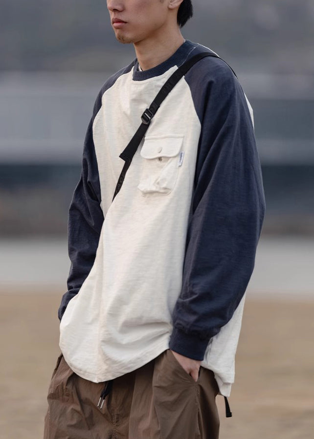 Shirts Dark Patchwork Men Neck O Casual Gray T Cotton Pockets FashionChic