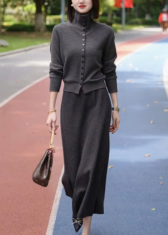 Casual Dark Grey Stand Collar Cotton Knit Cardigans And Maxi Skirts Two Piece Set Winter RF035 ABC