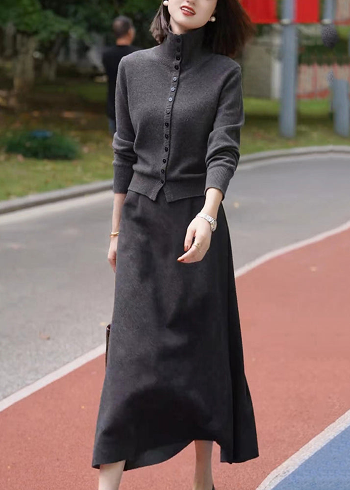 Casual Dark Grey Stand Collar Cotton Knit Cardigans And Maxi Skirts Two Piece Set Winter RF035 ABC