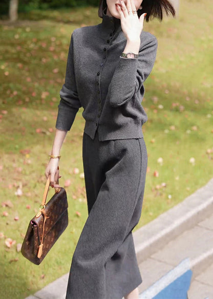 Casual Dark Grey Stand Collar Cotton Knit Cardigans And Maxi Skirts Two Piece Set Winter RF035 ABC