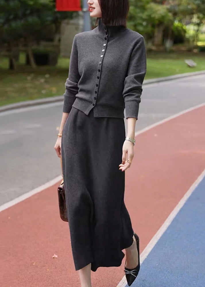 Casual Dark Grey Stand Collar Cotton Knit Cardigans And Maxi Skirts Two Piece Set Winter RF035 ABC