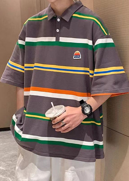 Casual Dark Grey Striped Cotton Men Polo T Shirt Summer QH013 MENPT241019