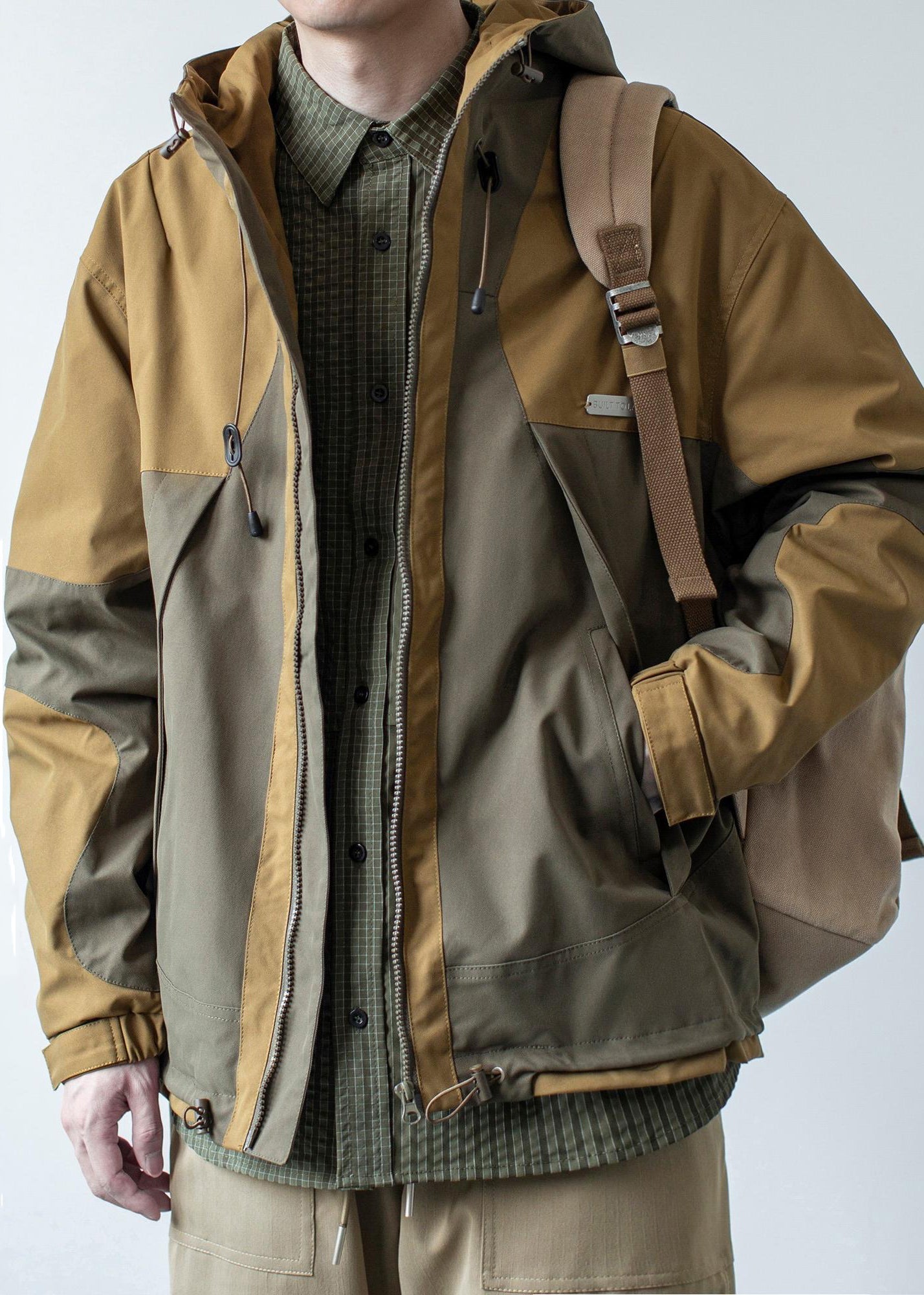 Cotton Khaki Casual Patchwork Hooded Coat Dark Pockets Spring Men FashionChic
