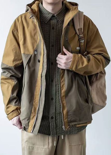 Cotton Khaki Casual Patchwork Hooded Coat Dark Pockets Spring Men FashionChic