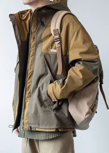 Cotton Khaki Casual Patchwork Hooded Coat Dark Pockets Spring Men FashionChic