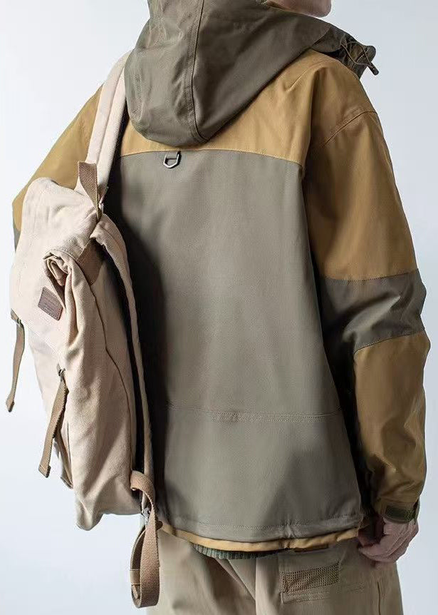 Cotton Khaki Casual Patchwork Hooded Coat Dark Pockets Spring Men FashionChic