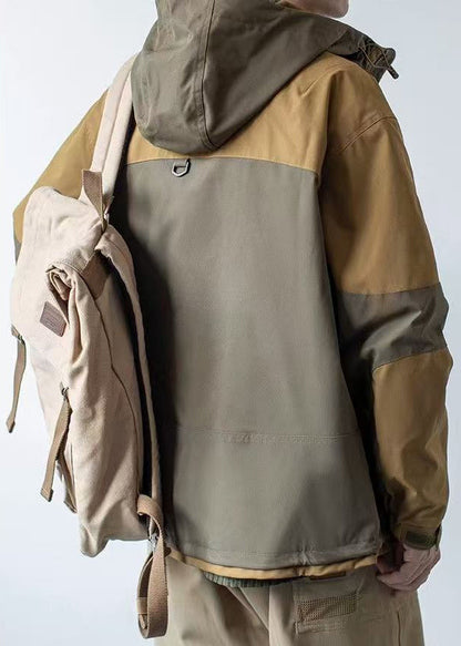 Cotton Khaki Casual Patchwork Hooded Coat Dark Pockets Spring Men FashionChic