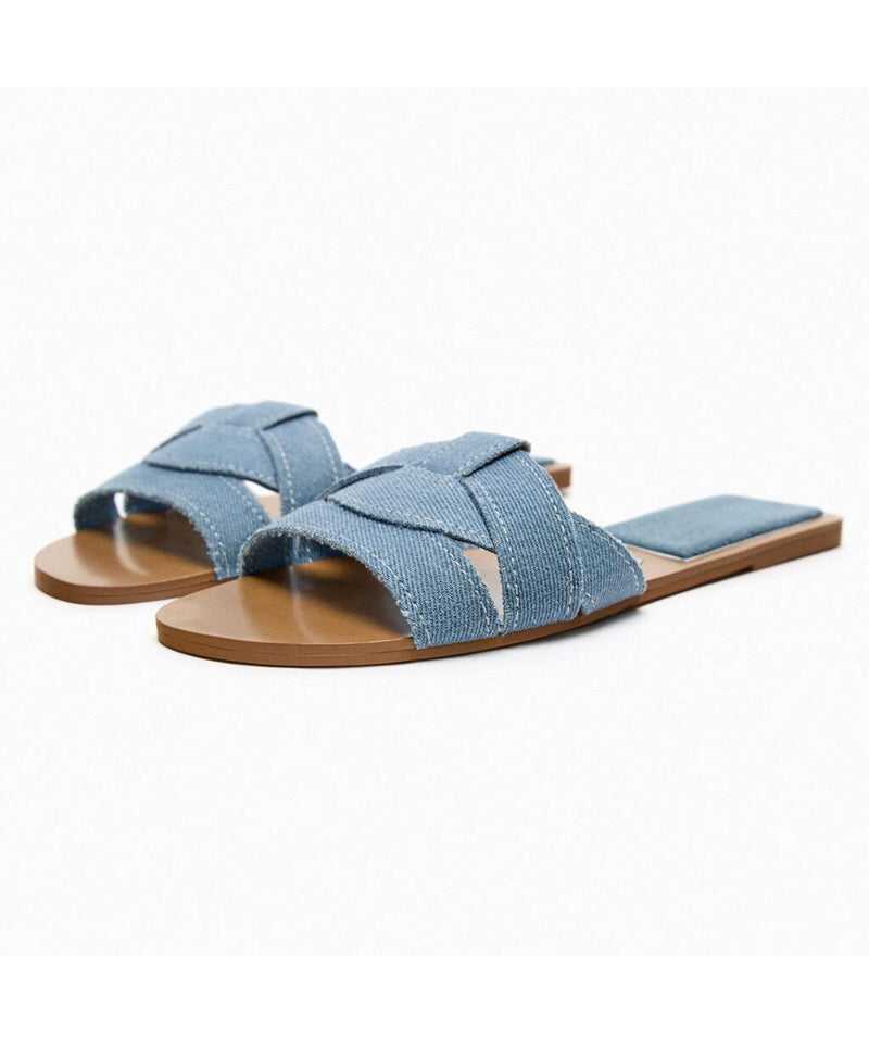 Slippers Flat Peep Toes Cross Denim Casual Toe Summer Blue Strap FashionChic