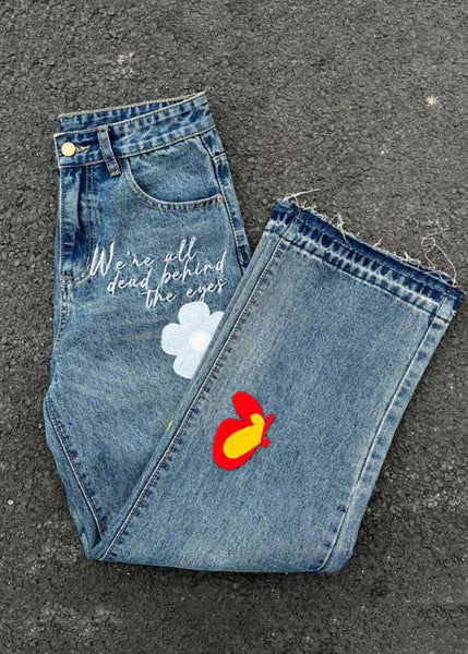 Casual Denim Blue Embroideried Floral High Waist Pants SA006 Men-casual-LPTS240726