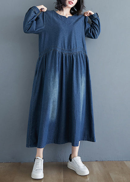 Casual Denim Blue Patchwork Long Dress Long Sleeve GH1072 Ada Fashion