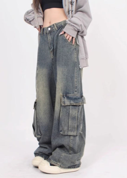 Casual Denim Blue Patchwork Pockets Men Straight Pants Summer SA031 Men-casual-MENP240726