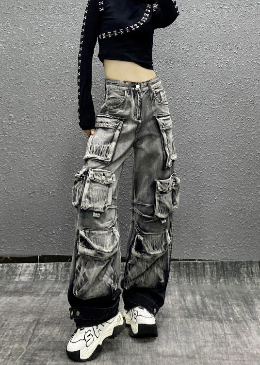 Casual Gray Black Multi Pocket Denim Pants Autumn RI001 ABC
