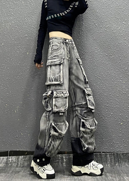 Casual Gray Black Multi Pocket Denim Pants Autumn RI001 ABC
