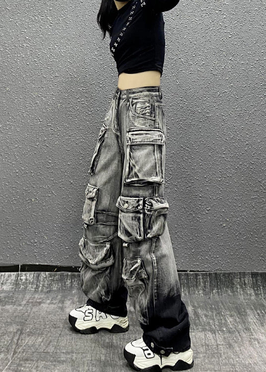 Casual Gray Black Multi Pocket Denim Pants Autumn RI001 ABC