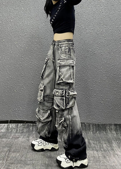 Casual Gray Black Multi Pocket Denim Pants Autumn RI001 ABC