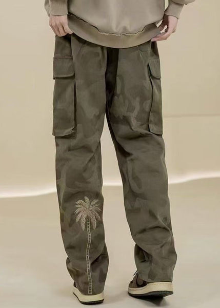 Casual Camouflage Pants Embroideried Green Pockets Mens Cotton FashionChic
