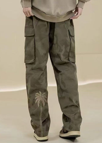 Casual Camouflage Pants Embroideried Green Pockets Mens Cotton FashionChic