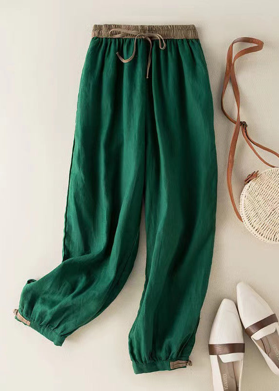 Casual Green Elastic Waist Thin Linen Crop Pants Summer BV059 MZF-CPTS240702