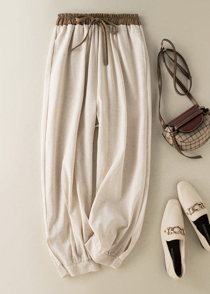 Casual Green Elastic Waist Thin Linen Crop Pants Summer BV059 MZF-CPTS240702